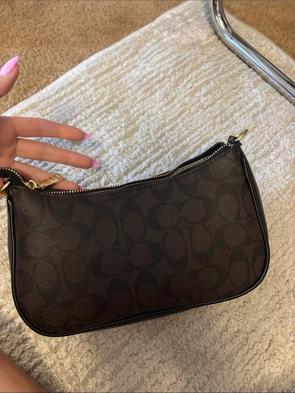 Coach Terri Dark Brown Signature Chain-Trim Shoulder Bag